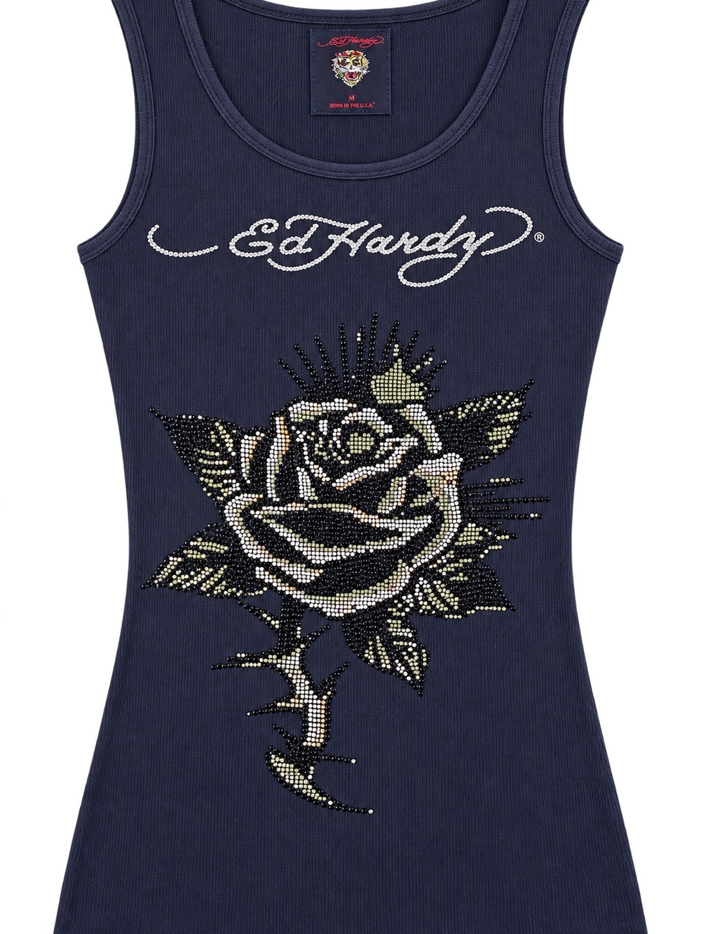 Ed Hardy Navy Rhinestone Rose Tank with Crystal Logo
